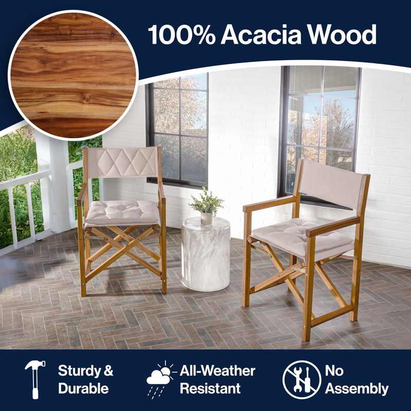Waldo Classic Mid-Century Outdoor Acacia Wood Foldable Diamond-Quilted Back Director Chair with Cushion Set 2