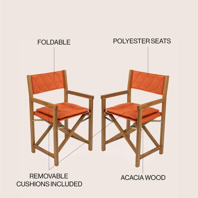 Waldo Classic Mid-Century Outdoor Acacia Wood Foldable Diamond-Quilted Back Director Chair with Cushion Set 2
