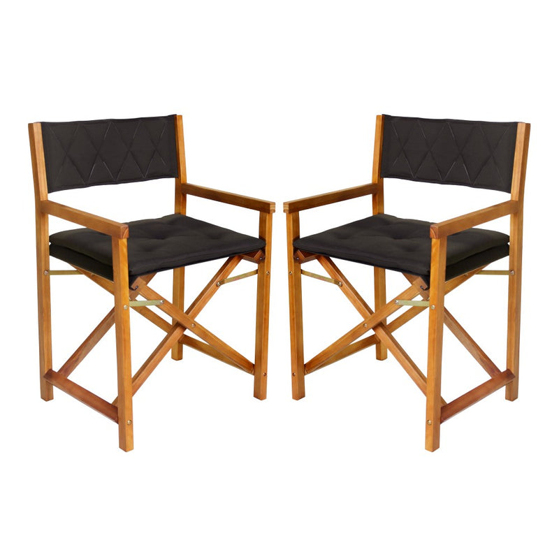 Waldo Classic Mid-Century Outdoor Acacia Wood Foldable Diamond-Quilted Back Director Chair with Cushion Set 2