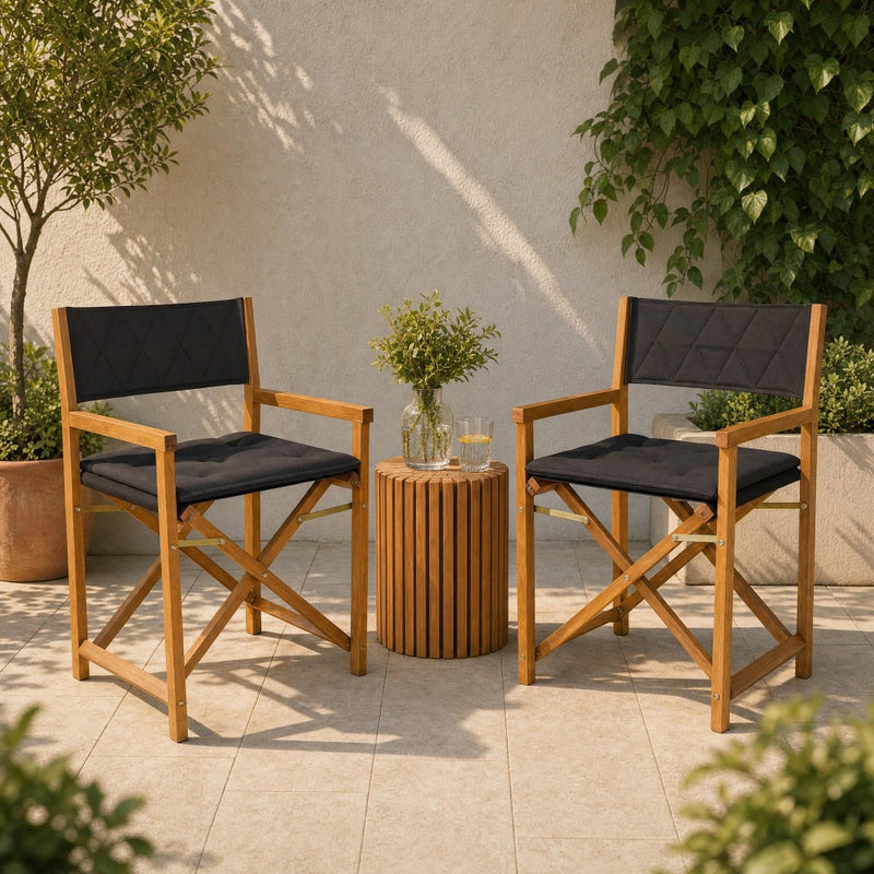 Waldo Classic Mid-Century Outdoor Acacia Wood Foldable Diamond-Quilted Back Director Chair with Cushion Set 2