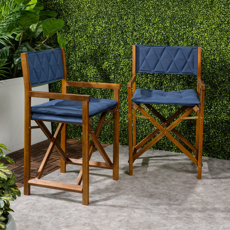 Waldo Classic Mid-Century Outdoor Acacia Wood Foldable Diamond-Quilted Back Director Chair with Cushion Set 2