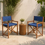 Waldo Classic Mid-Century Outdoor Acacia Wood Foldable Diamond-Quilted Back Director Chair with Cushion Set 2