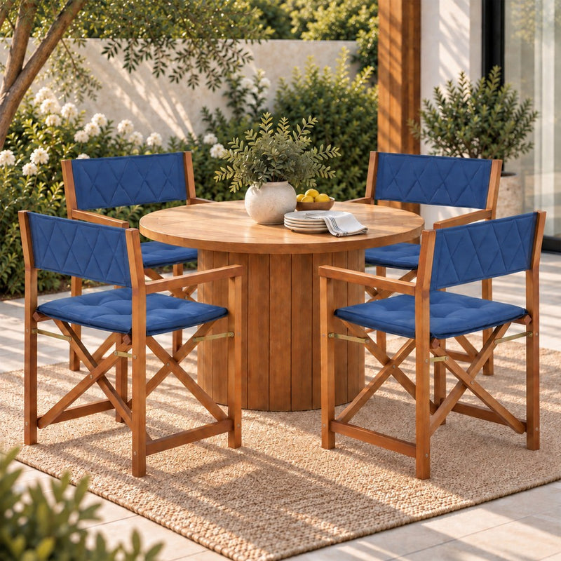 Waldo Classic Mid-Century Outdoor Acacia Wood Foldable Diamond-Quilted Back Director Chair with Cushion Set 2