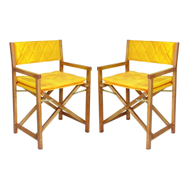 Waldo Classic Mid-Century Outdoor Acacia Wood Foldable Diamond-Quilted Back Director Chair with Cushion Set 2