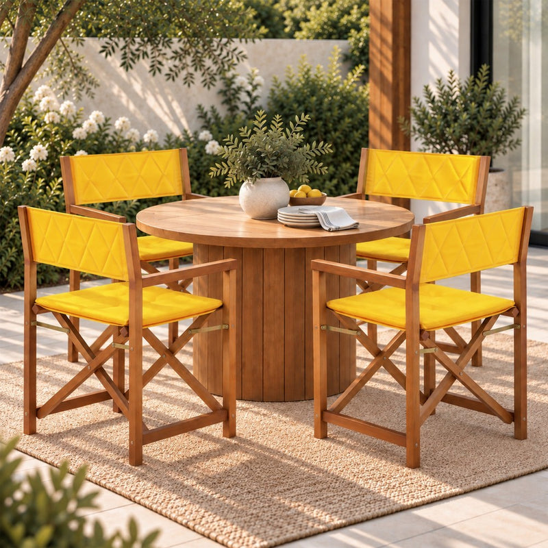 Waldo Classic Mid-Century Outdoor Acacia Wood Foldable Diamond-Quilted Back Director Chair with Cushion Set 2