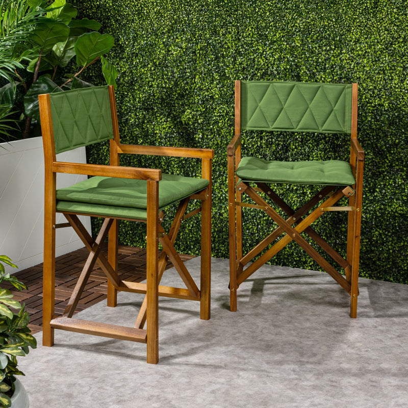 Waldo Classic Mid-Century Outdoor Acacia Wood Foldable Diamond-Quilted Back Director Chair with Cushion Set 2