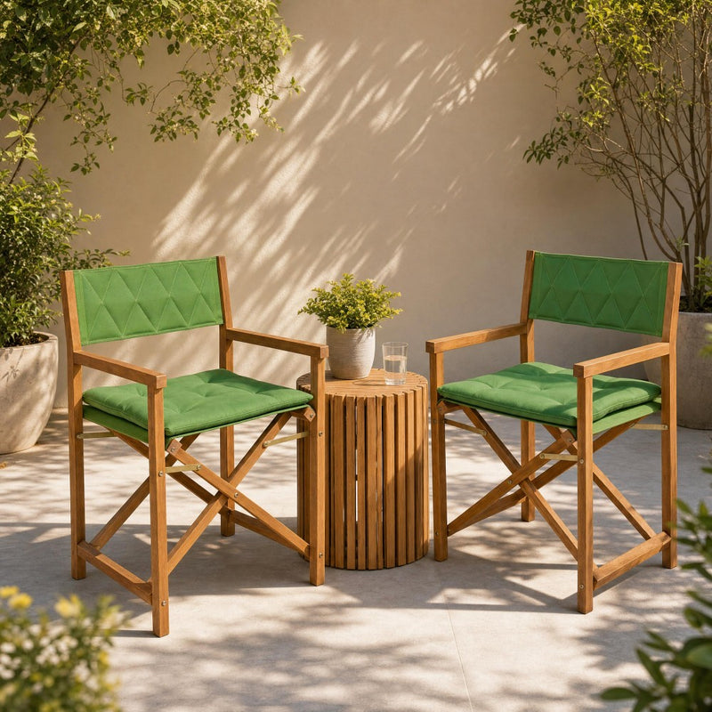 Waldo Classic Mid-Century Outdoor Acacia Wood Foldable Diamond-Quilted Back Director Chair with Cushion Set 2