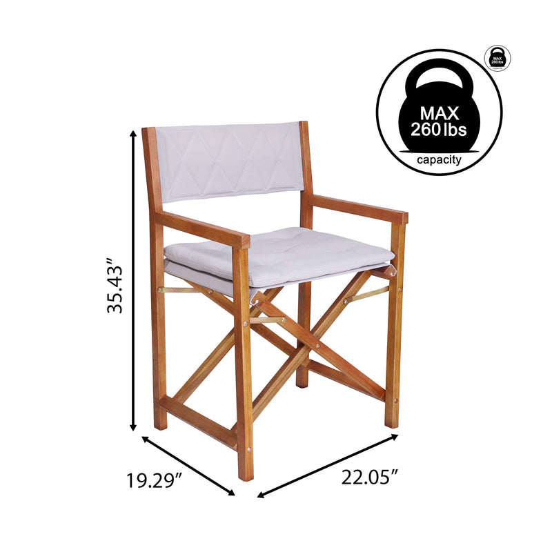 Waldo Classic Mid-Century Outdoor Acacia Wood Foldable Diamond-Quilted Back Director Chair with Cushion Set 2