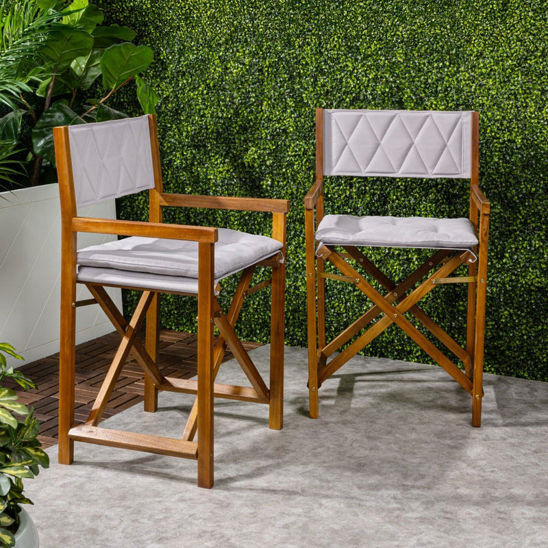 Waldo Classic Mid-Century Outdoor Acacia Wood Foldable Diamond-Quilted Back Director Chair with Cushion Set 2