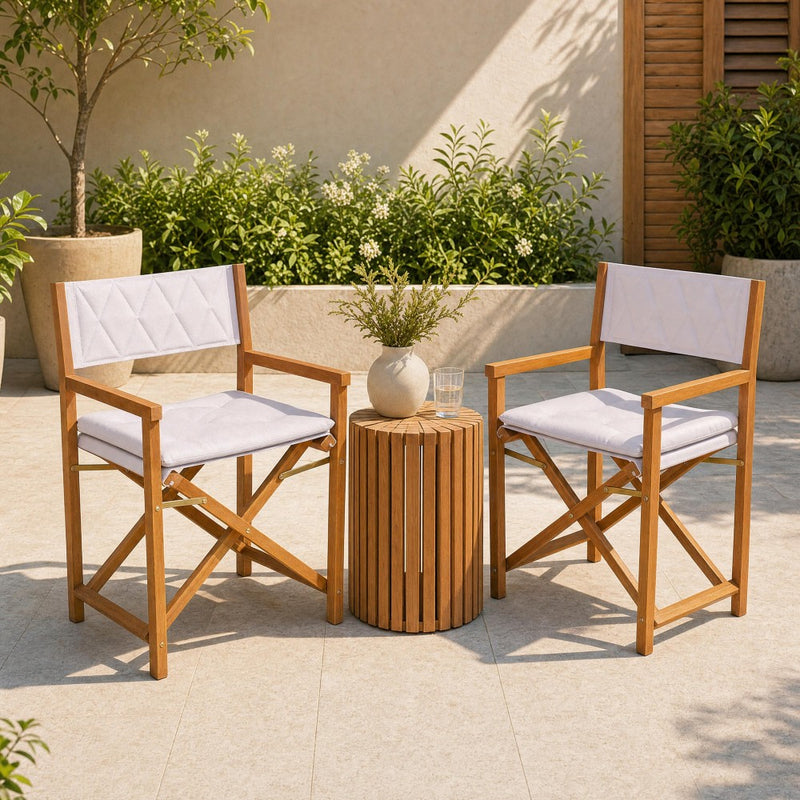Waldo Classic Mid-Century Outdoor Acacia Wood Foldable Diamond-Quilted Back Director Chair with Cushion Set 2