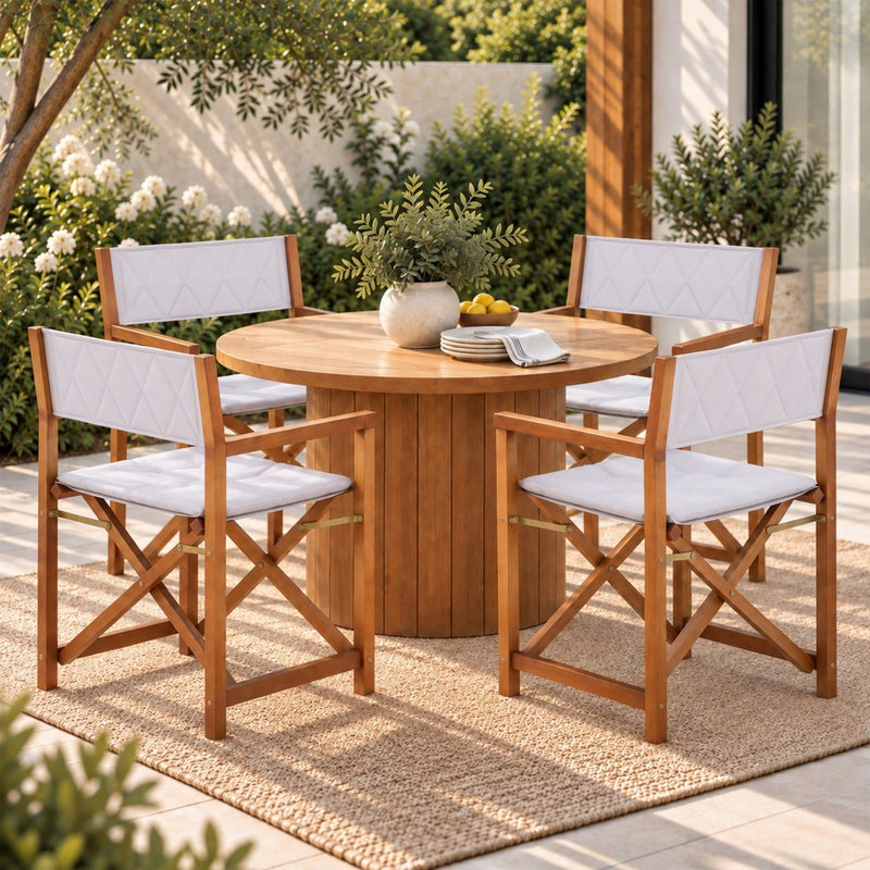 Waldo Classic Mid-Century Outdoor Acacia Wood Foldable Diamond-Quilted Back Director Chair with Cushion Set 2