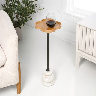 Colby 24.5" Classic Cottage Wood/Metal Drink Table and Decorative End Table with Quatrefoil Top and White Marble Base