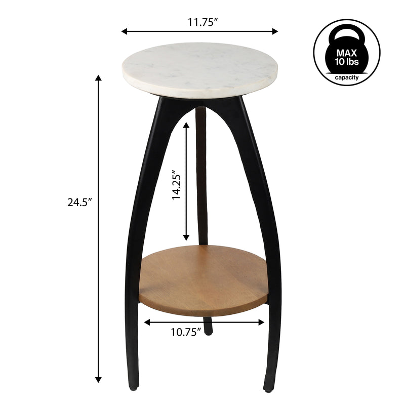Ollie 24.5" Designer Farmhouse Metal Tripod Drink Table and Decorative End Table with White Marble Round Top and Wood Undershelf
