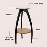 Ollie 24.5" Designer Farmhouse Metal Tripod Drink Table and Decorative End Table with White Marble Round Top and Wood Undershelf