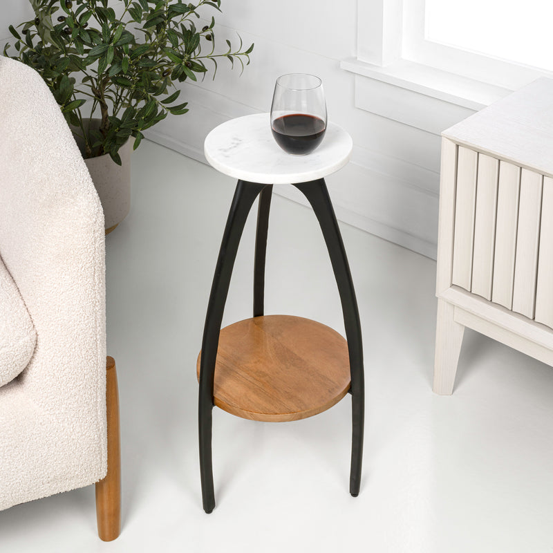 Ollie 24.5" Designer Farmhouse Metal Tripod Drink Table and Decorative End Table with White Marble Round Top and Wood Undershelf
