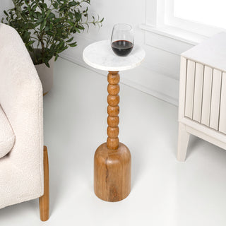 Turner 24.5" Designer Cottage Spindle Wood Column Drink Table and Decorative End Table with White Marble Round Top