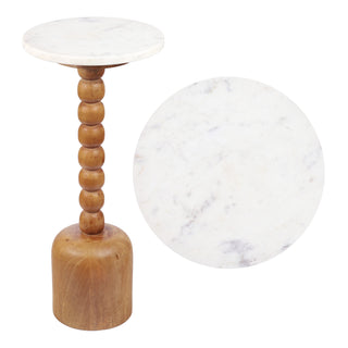 Turner 24.5" Designer Cottage Spindle Wood Column Drink Table and Decorative End Table with White Marble Round Top