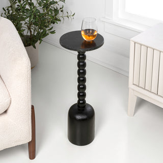 Turner 24.5" Designer Cottage Spindle Wood Column Drink Table and Decorative End Table with White Marble Round Top
