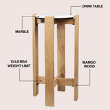 Elena 24" Minimalist Structured Wood Drink Table and Decorative End Table with White Marble Round Top