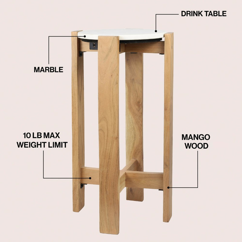 Elena 24" Minimalist Structured Wood Drink Table and Decorative End Table with White Marble Round Top