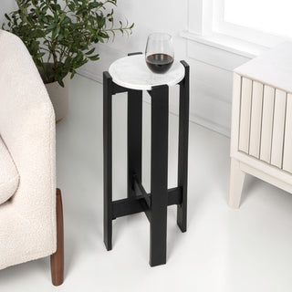 Elena 24" Minimalist Structured Wood Drink Table and Decorative End Table with White Marble Round Top