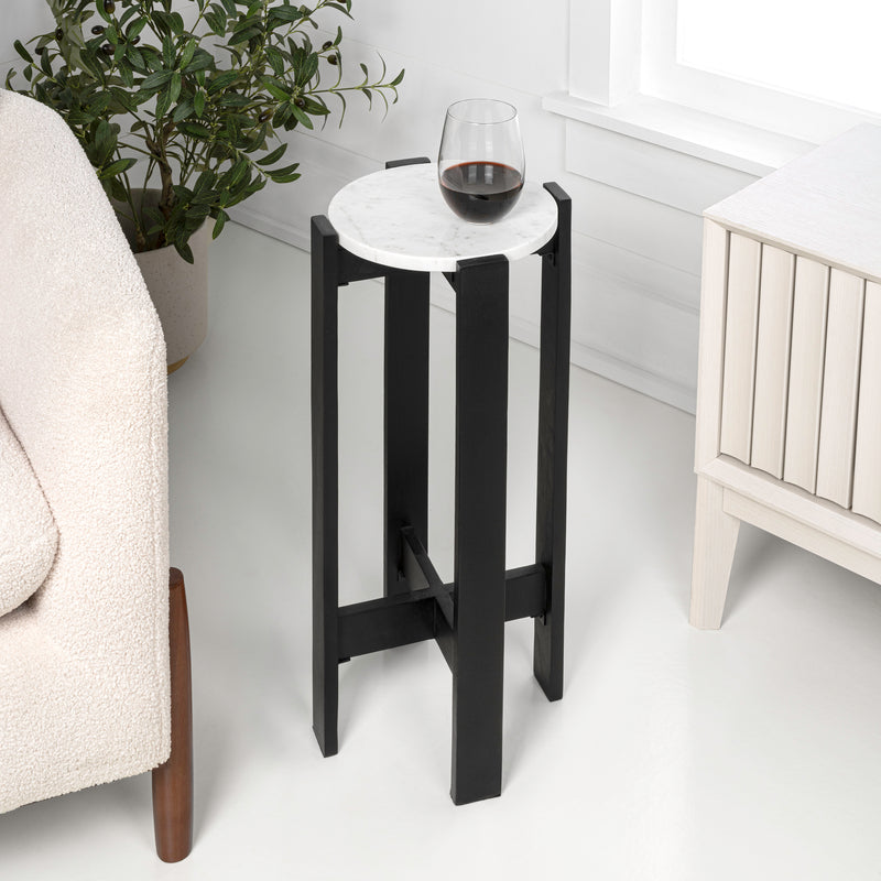 Elena 24" Minimalist Structured Wood Drink Table and Decorative End Table with White Marble Round Top