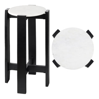 Elena 24" Minimalist Structured Wood Drink Table and Decorative End Table with White Marble Round Top