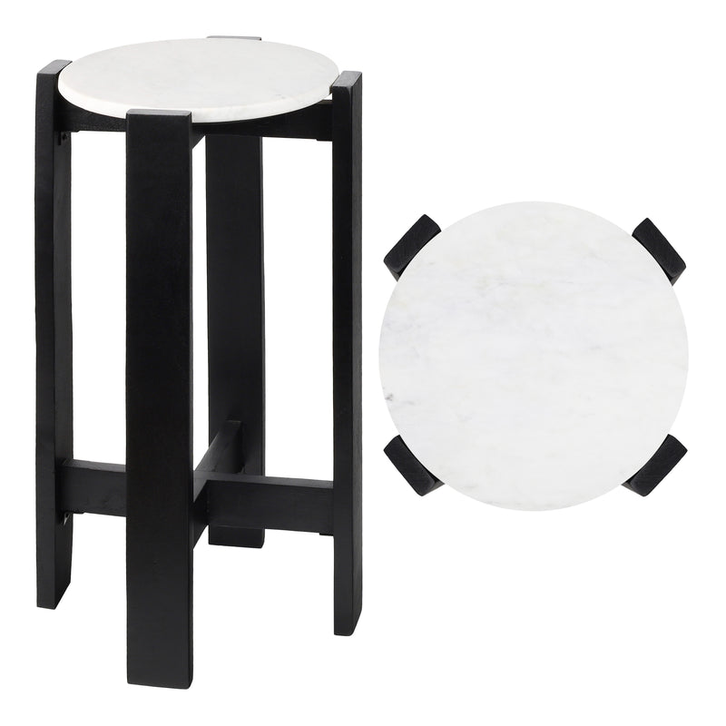 Elena 24" Minimalist Structured Wood Drink Table and Decorative End Table with White Marble Round Top