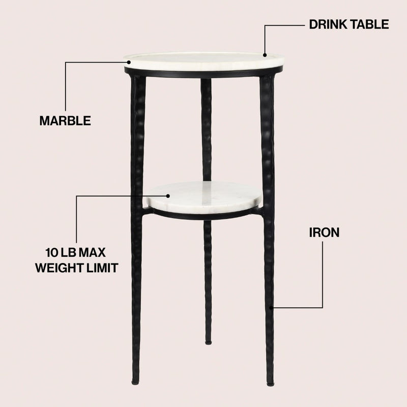 Seraphina 24.75" Industrial 2-Tier Metal Frame Drink Table and Decorative End Table with White Marble Round Top