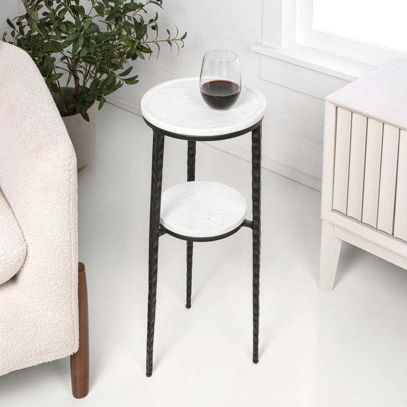 Seraphina 24.75" Industrial 2-Tier Metal Frame Drink Table and Decorative End Table with White Marble Round Top