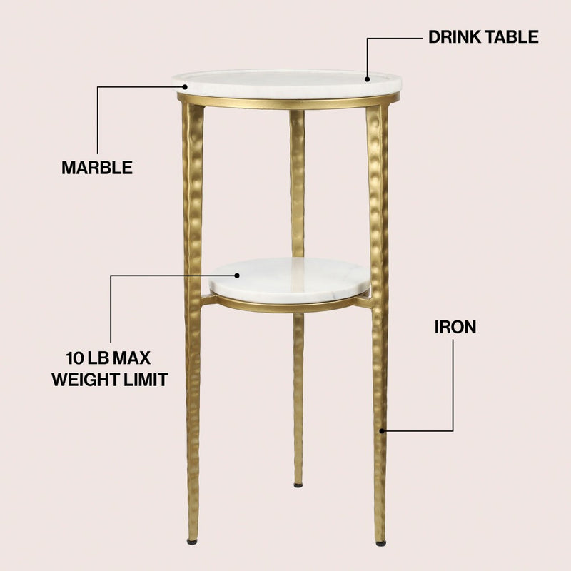 Seraphina 24.75" Industrial 2-Tier Metal Frame Drink Table and Decorative End Table with White Marble Round Top