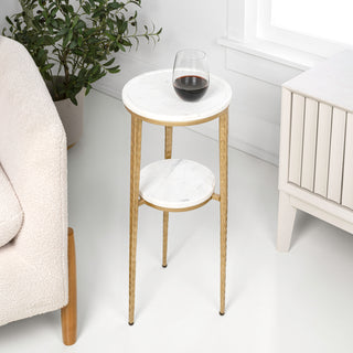 Seraphina 24.75" Industrial 2-Tier Metal Frame Drink Table and Decorative End Table with White Marble Round Top