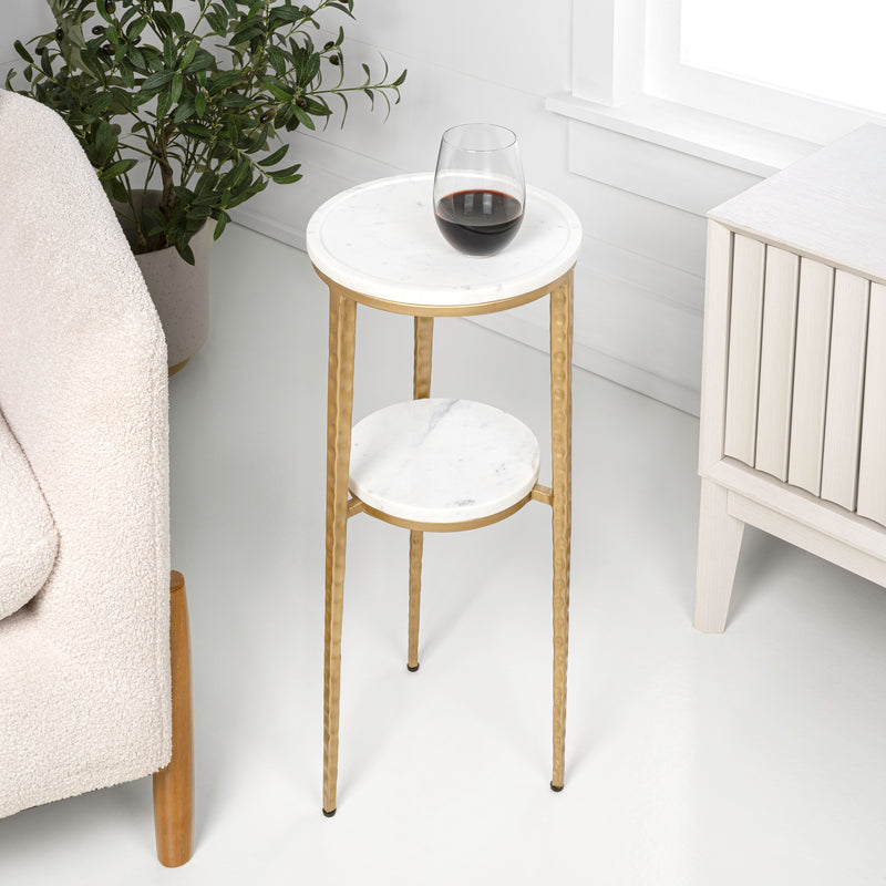 Seraphina 24.75" Industrial 2-Tier Metal Frame Drink Table and Decorative End Table with White Marble Round Top