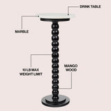 Monroe 24.25" Rustic Farmhouse Spindle Wood Drink Table and Decorative End Table with White Marble Round Top