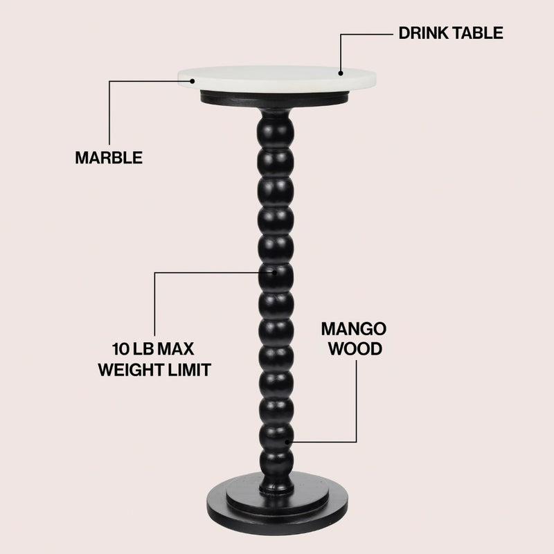 Monroe 24.25" Rustic Farmhouse Spindle Wood Drink Table and Decorative End Table with White Marble Round Top