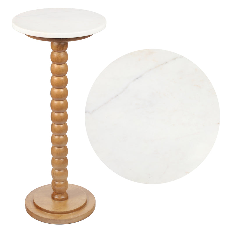 Monroe 24.25" Rustic Farmhouse Spindle Wood Drink Table and Decorative End Table with White Marble Round Top