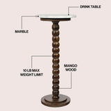Monroe 24.25" Rustic Farmhouse Spindle Wood Drink Table and Decorative End Table with White Marble Round Top