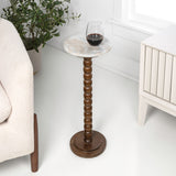 Monroe 24.25" Rustic Farmhouse Spindle Wood Drink Table and Decorative End Table with White Marble Round Top