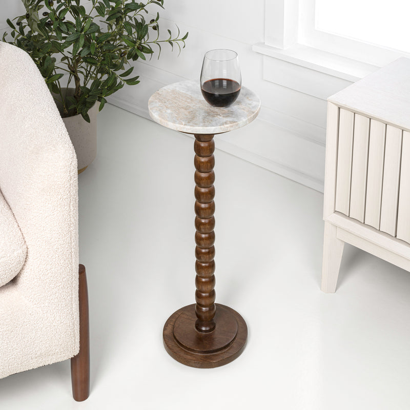Monroe 24.25" Rustic Farmhouse Spindle Wood Drink Table and Decorative End Table with White Marble Round Top