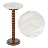Monroe 24.25" Rustic Farmhouse Spindle Wood Drink Table and Decorative End Table with White Marble Round Top