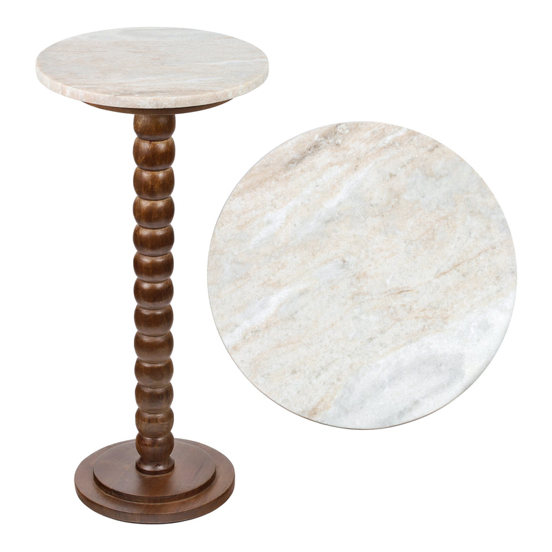 Monroe 24.25" Rustic Farmhouse Spindle Wood Drink Table and Decorative End Table with White Marble Round Top