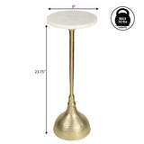 Ava 23.75" Art Deco Contemporary Metal Pedestal Drink Table and Decorative End Table with White Marble Round Top and Hammered Base