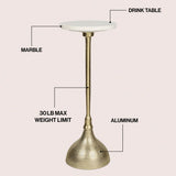 Ava 23.75" Art Deco Contemporary Metal Pedestal Drink Table and Decorative End Table with White Marble Round Top and Hammered Base