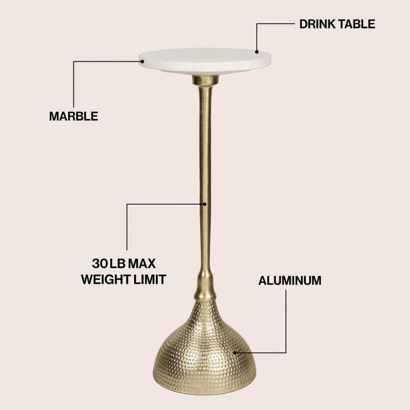 Ava 23.75" Art Deco Contemporary Metal Pedestal Drink Table and Decorative End Table with White Marble Round Top and Hammered Base