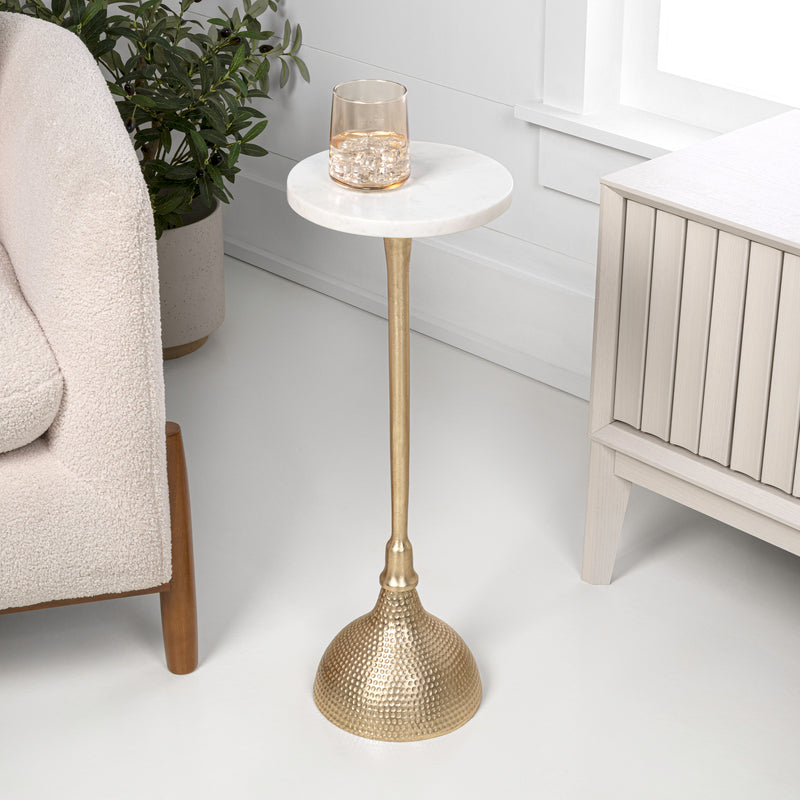 Ava 23.75" Art Deco Contemporary Metal Pedestal Drink Table and Decorative End Table with White Marble Round Top and Hammered Base