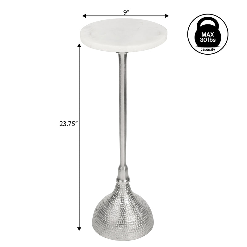 Ava 23.75" Art Deco Contemporary Metal Pedestal Drink Table and Decorative End Table with White Marble Round Top and Hammered Base