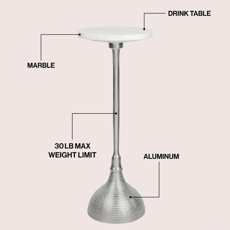 Ava 23.75" Art Deco Contemporary Metal Pedestal Drink Table and Decorative End Table with White Marble Round Top and Hammered Base