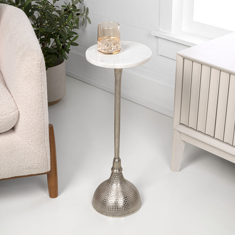 Ava 23.75" Art Deco Contemporary Metal Pedestal Drink Table and Decorative End Table with White Marble Round Top and Hammered Base