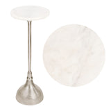 Ava 23.75" Art Deco Contemporary Metal Pedestal Drink Table and Decorative End Table with White Marble Round Top and Hammered Base