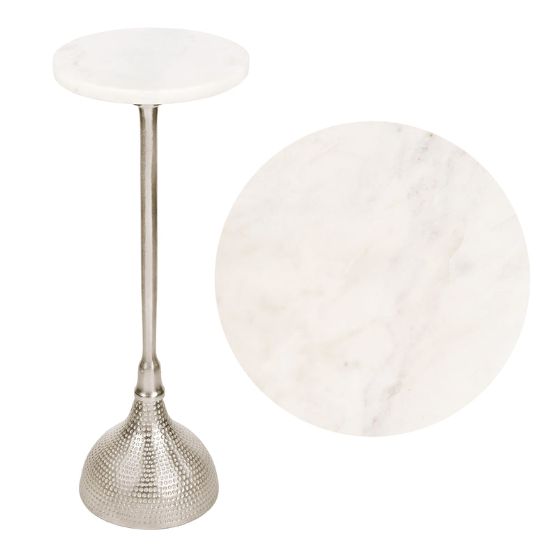 Ava 23.75" Art Deco Contemporary Metal Pedestal Drink Table and Decorative End Table with White Marble Round Top and Hammered Base